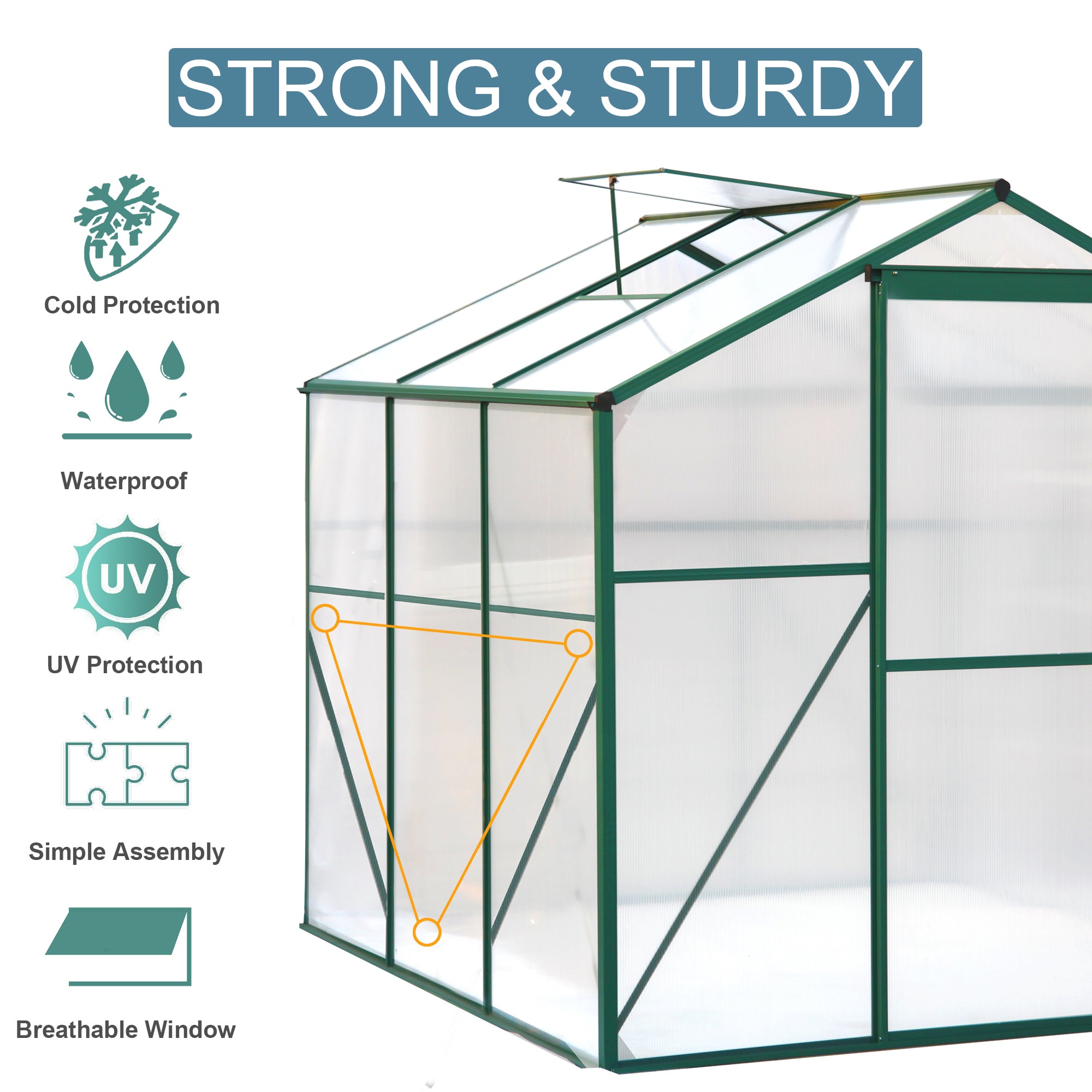 TheirNear 6 x 6 x 6.8 FT Walk-in Polycarbonate Greenhouse, Gardening Plant Tent with Roof Vent for Ventilation & Rain Gutter