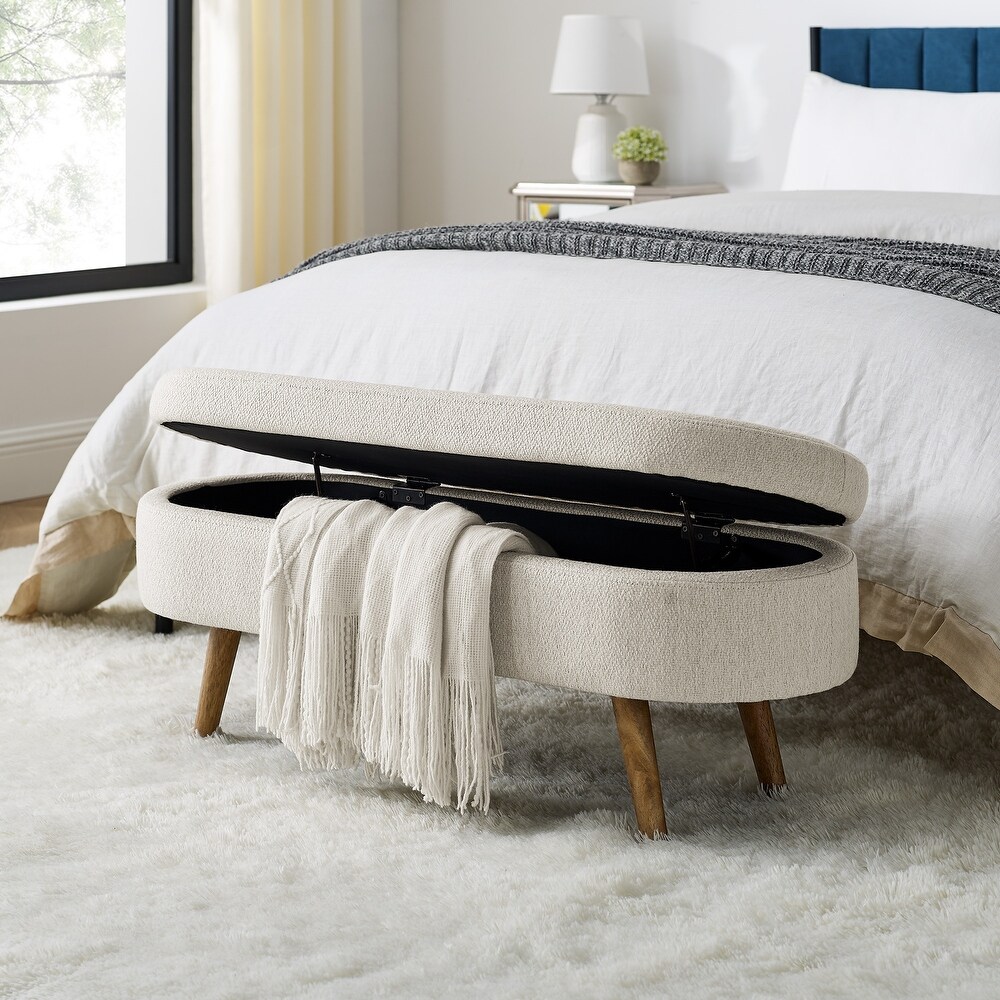 Bed Stool Oval Storage Bench  Rubber Wood Legs  Beige