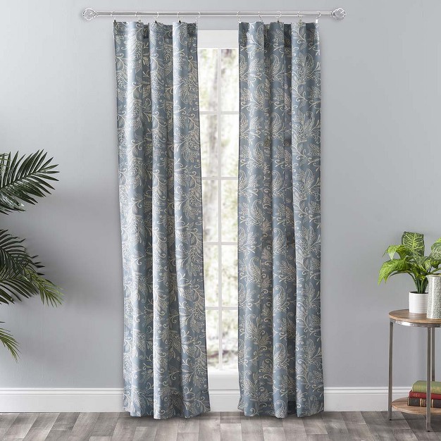 Ellis Curtain Lexington Leaf Pattern On Colored Ground Curtain Pair With Ties Blue