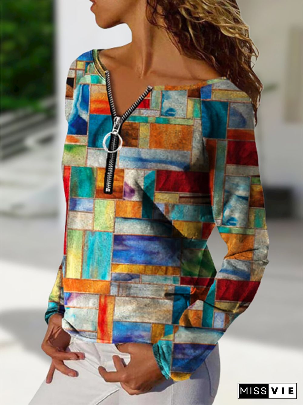 Geometric Long Sleeve Zipper Plus Size Casual Sweatshirts