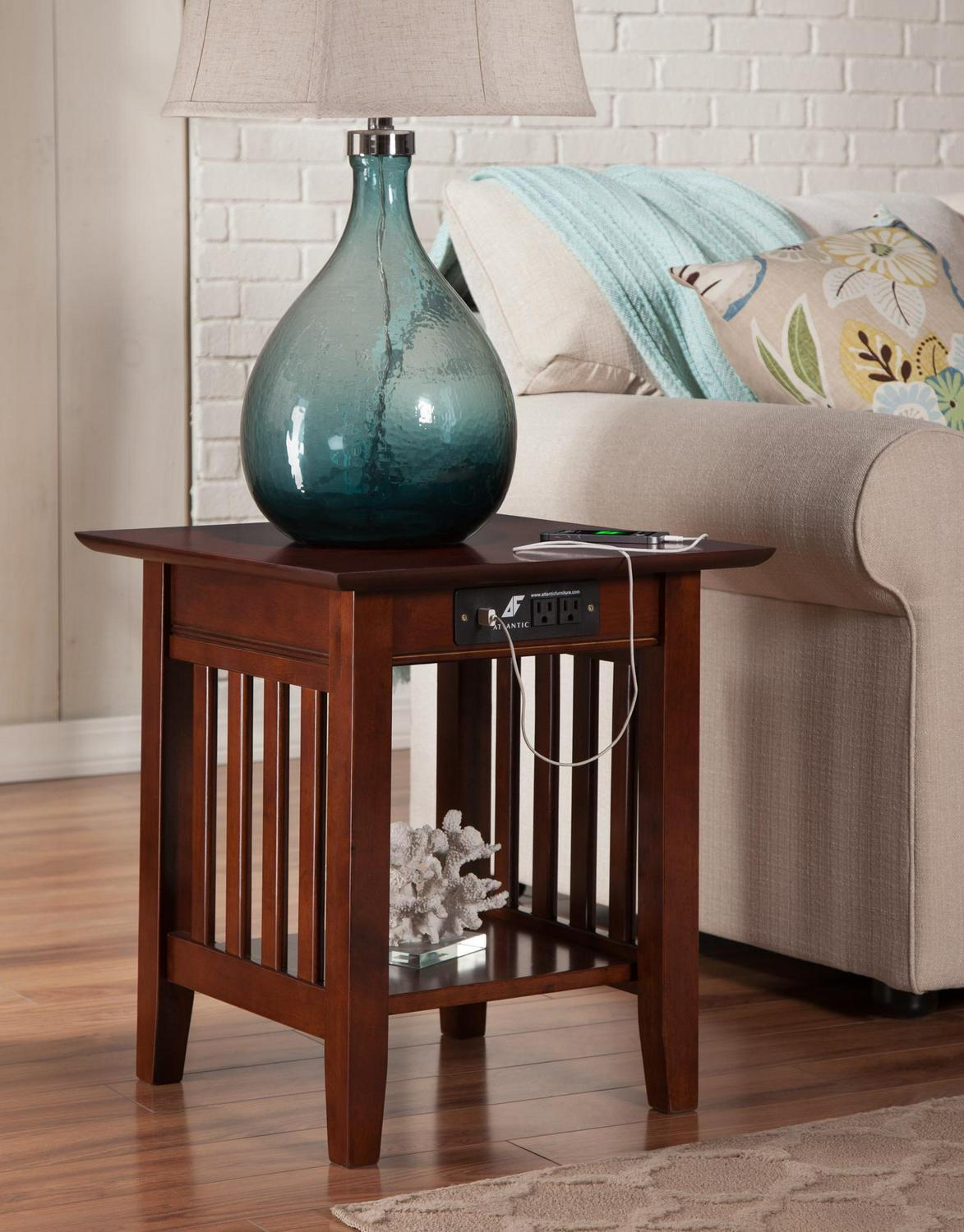 Mission End Table with Charging Station in Walnut or Caramel