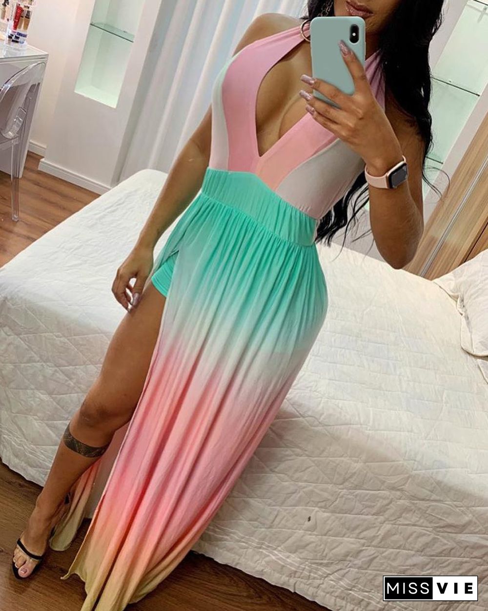 Colorblock High Slit Ruched Plunge Maxi Dress