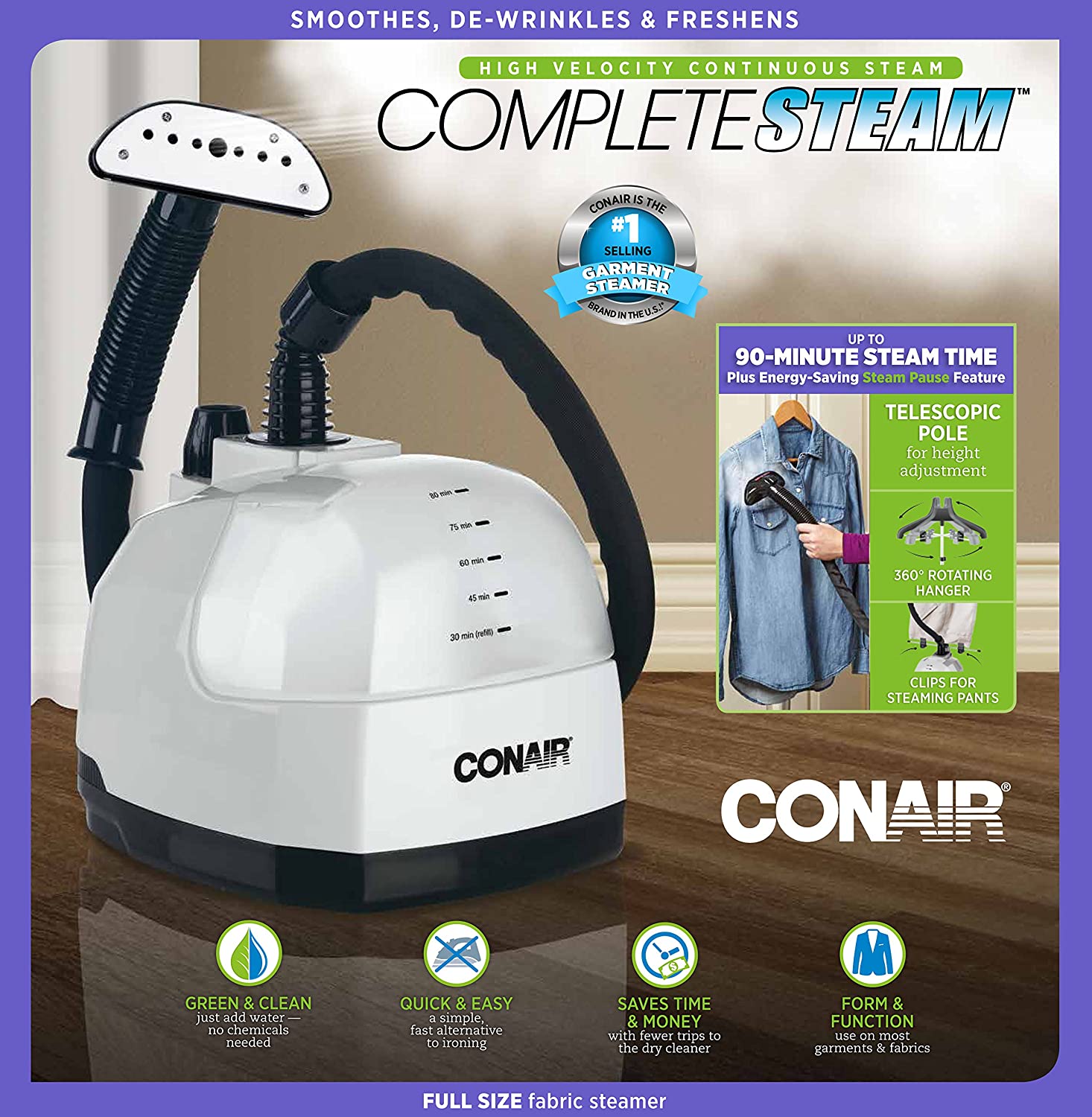 Conair Steamer for Clothes， CompleteSteam Full Size Fabric Steamer