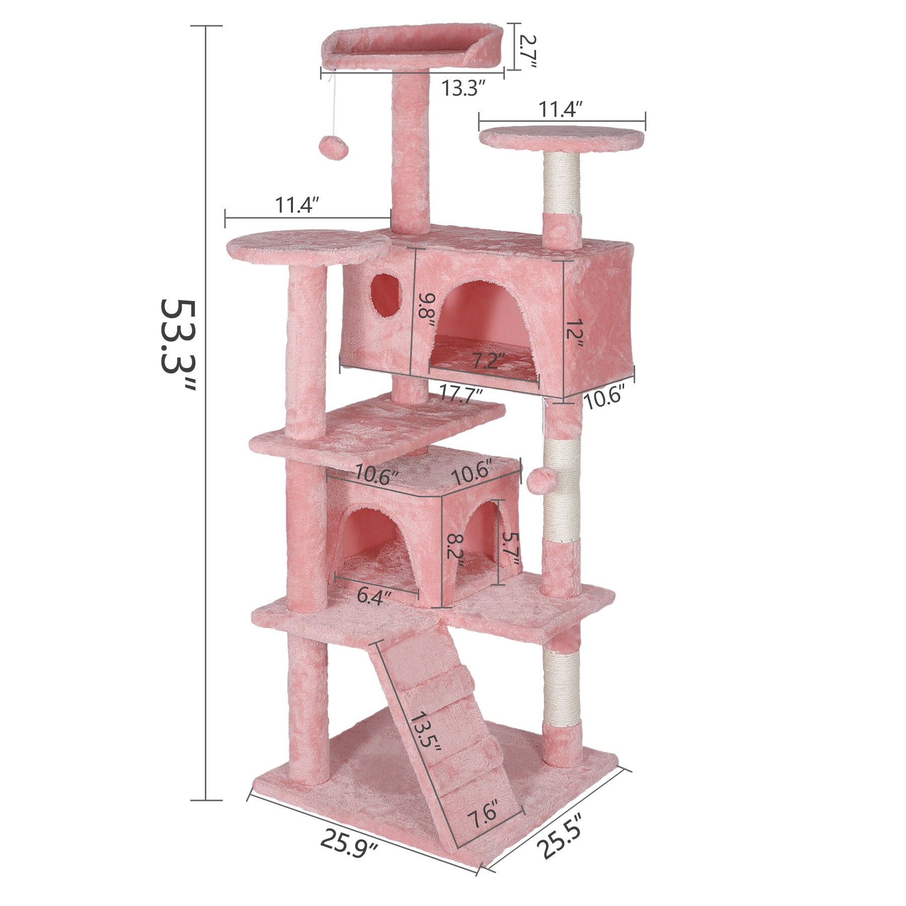 ZENSTYLE 55-in H Cat Tree and Condo Scratching Post Tower， Pink