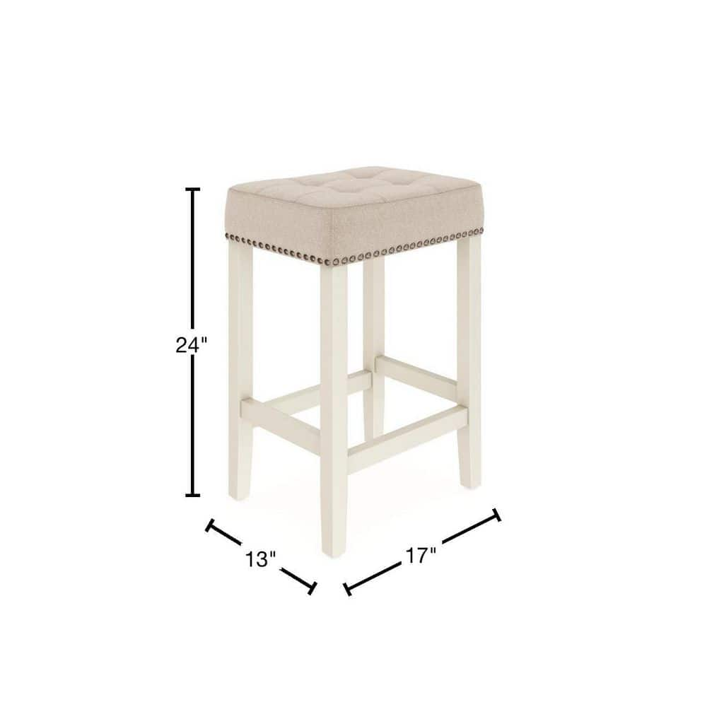 Nathan James Hylie 24 in. Natural Flax Nailhead Saddle Cushion White Wood Pub-Height Counter Bar Stool 21311