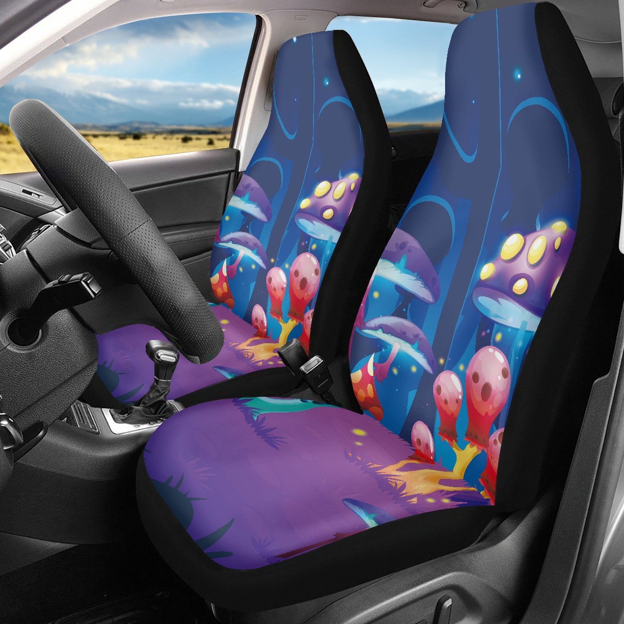 Bivenant Store Mushroom Pattern Polyester Fabric Car Seat Cover Set Fantasy Purple Front Split Bench Seat Covers for Cars Trucks SUV