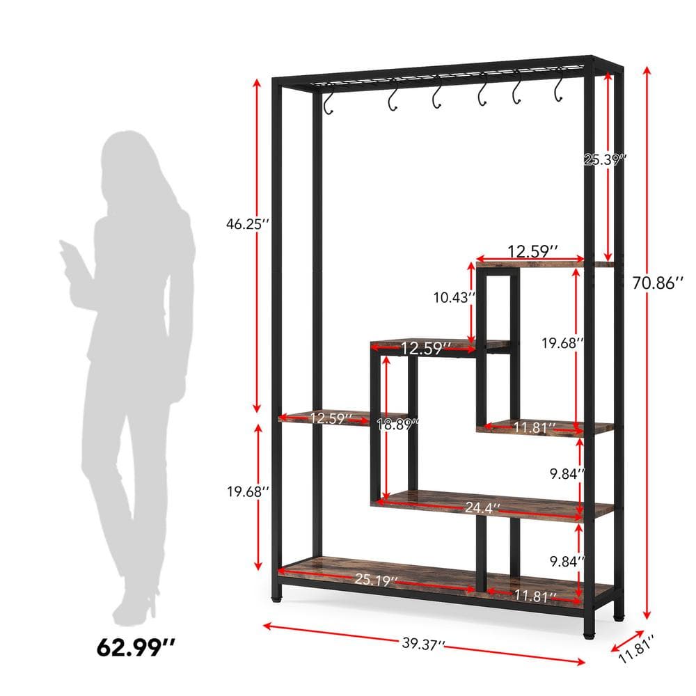 BYBLIGHT Wellston 70.86 in. Brown 5-Tier Wooden Indoor Plant Stand， Tall Flower Rack with 10-Hook BB-JW0254GX