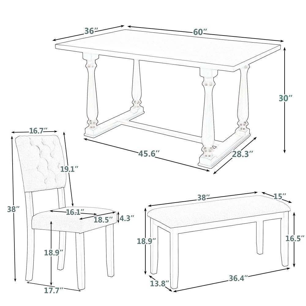 6 Piece Dining Table and Chair Set with Special shaped Legs and Foam covered Seat Backs Cushions for Dining Room