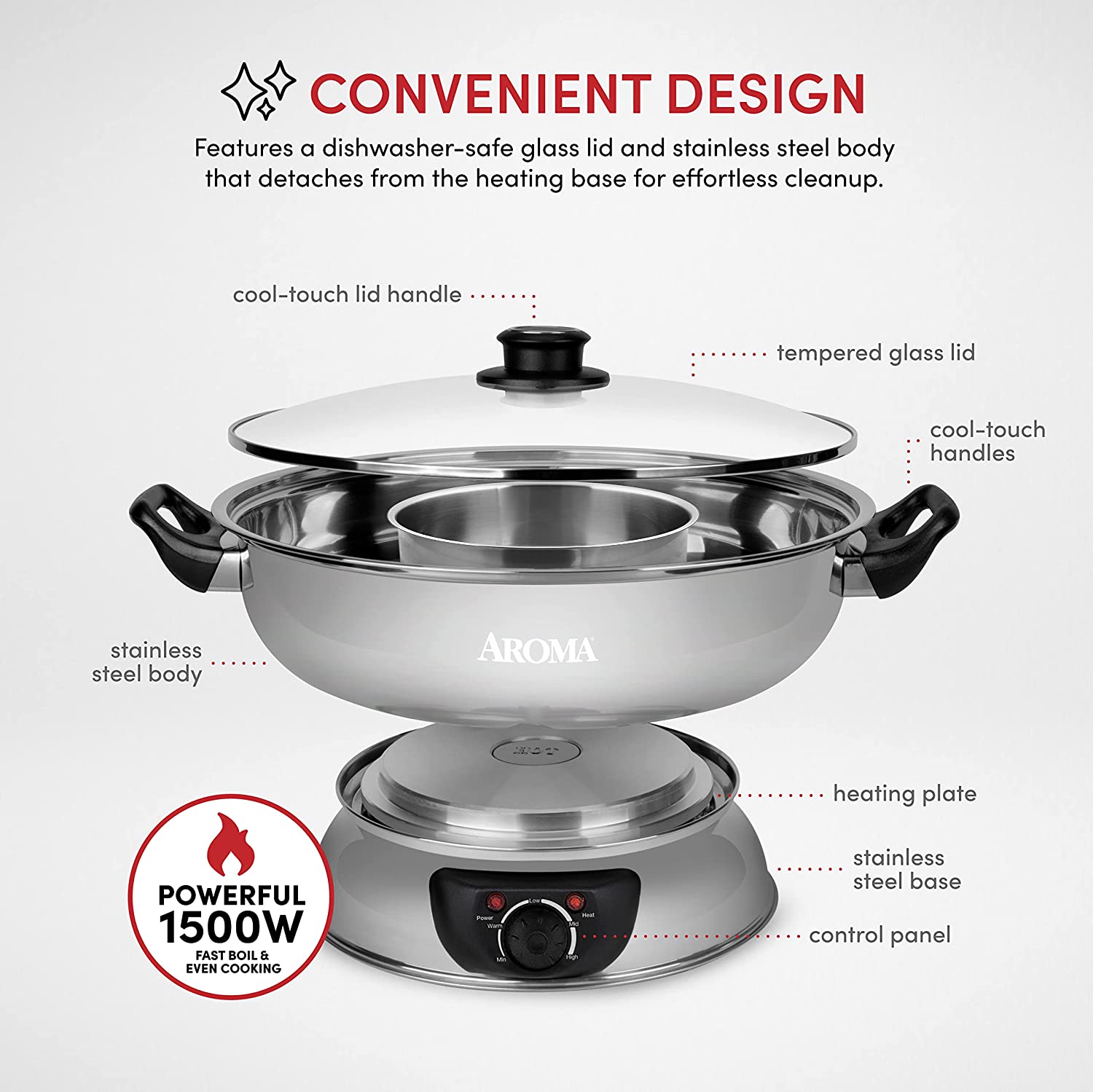 Aroma Stainless Steel Hot Pot， Silver (ASP-600)， 5 quart