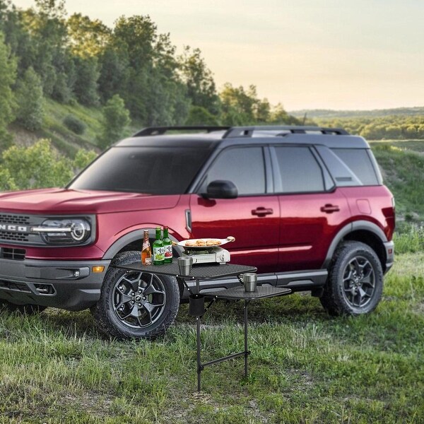 Vehicle Tire Camping Table with Cupholders，Mesh Surface，Wing Panel，Heavy Duty for Outdoor Use