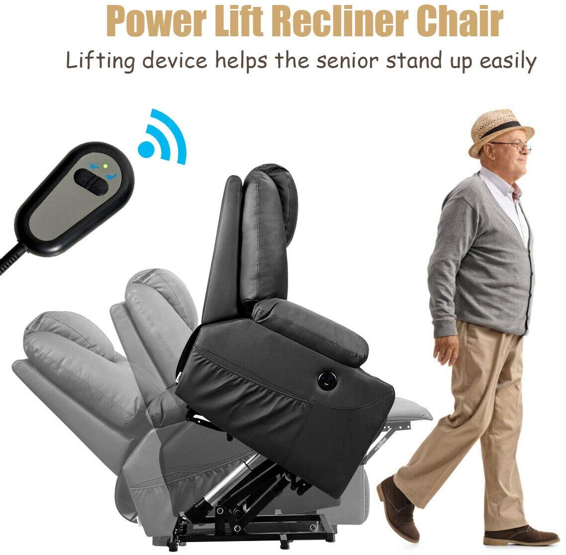 Power Lift Recliner Chair for Elderly Faux Leather Electric Recliner w/Massage and Heating