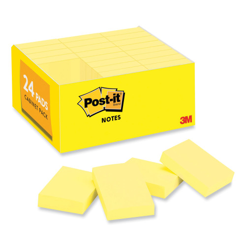 Post-it Original Pads in Canary Yellow， 1 3/8 x 1 7/8， 100 Sheets/Pad， 24 Pads/Pack (65324VAD)