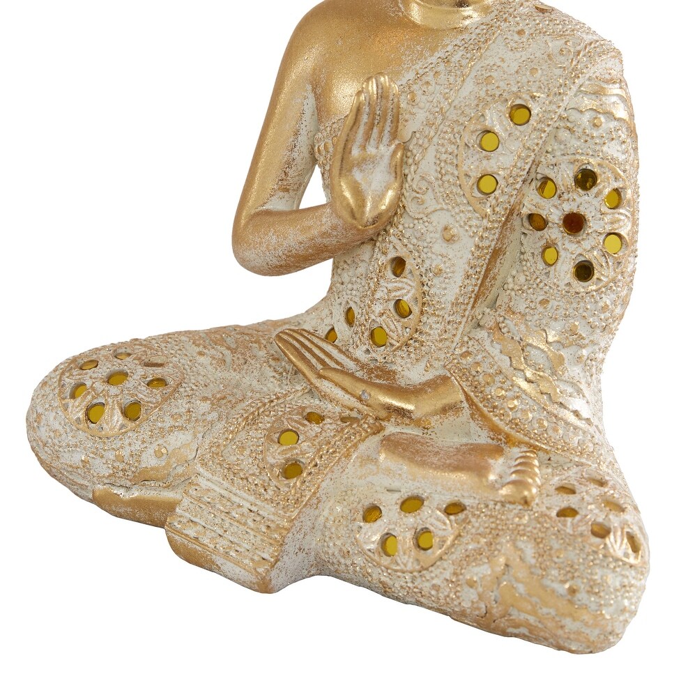 Gold Polystone Meditating Buddha Sculpture with Engraved Carvings and Relief Detailing (Set of 2)   8 x 5 x 10 and 8 x 4 x 11