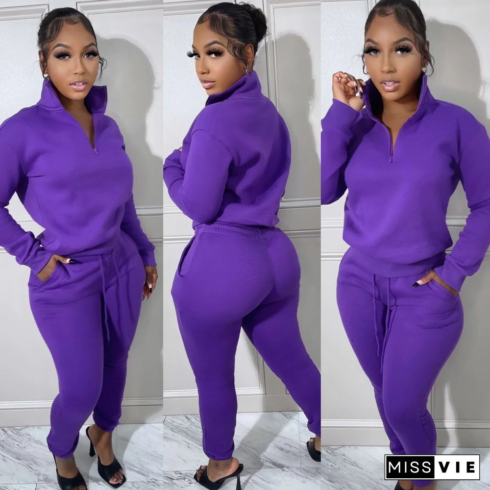 Zipper Stand Collar Pullovers Top Joggers Pants Suit