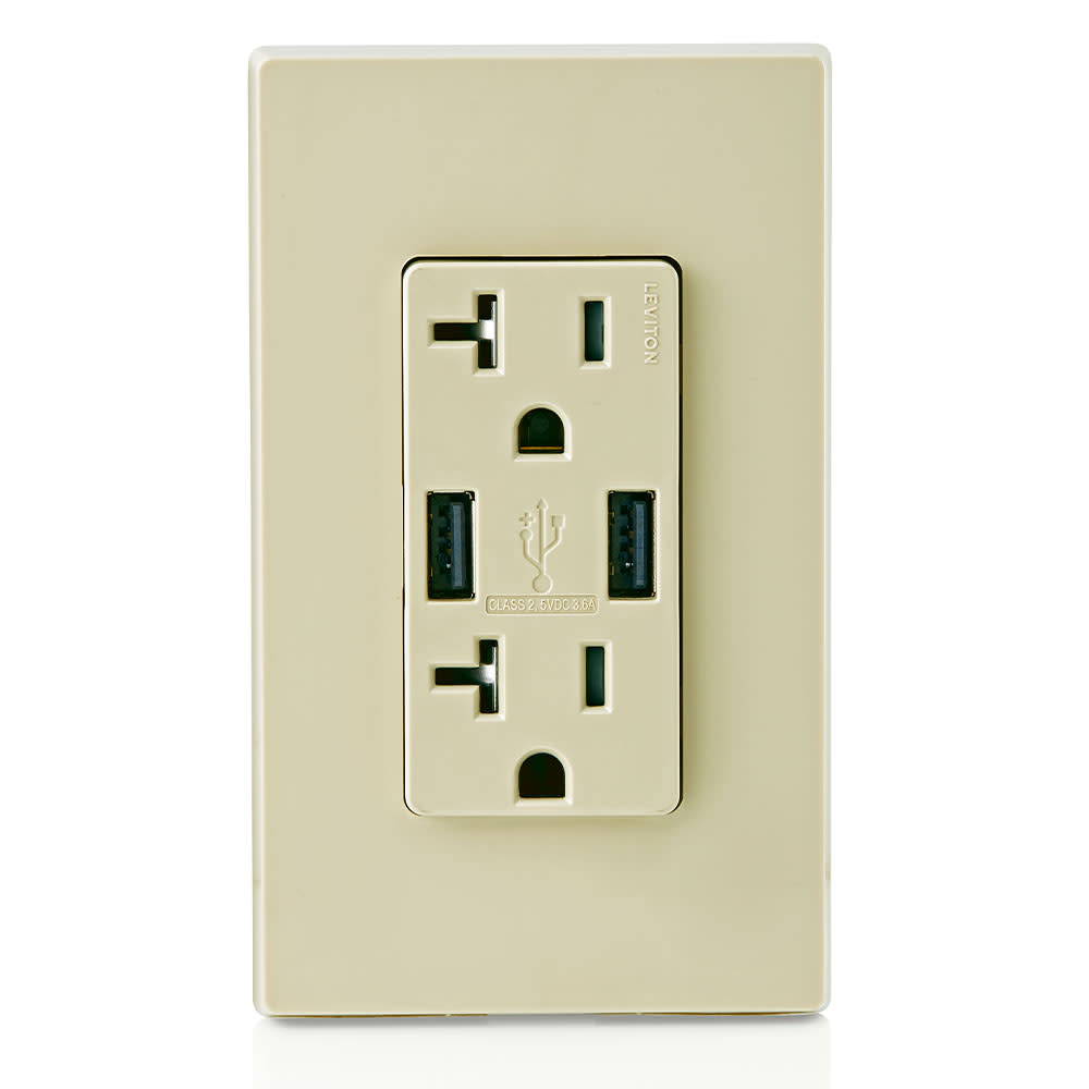 Leviton Decora 20A 125V Ivory NEMA 5-20R Outlet and USB Charger