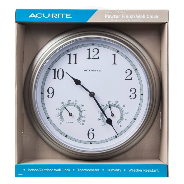 Metal Outdoor Indoor Wall Clock With Thermometer And Humidity Gray Acurite