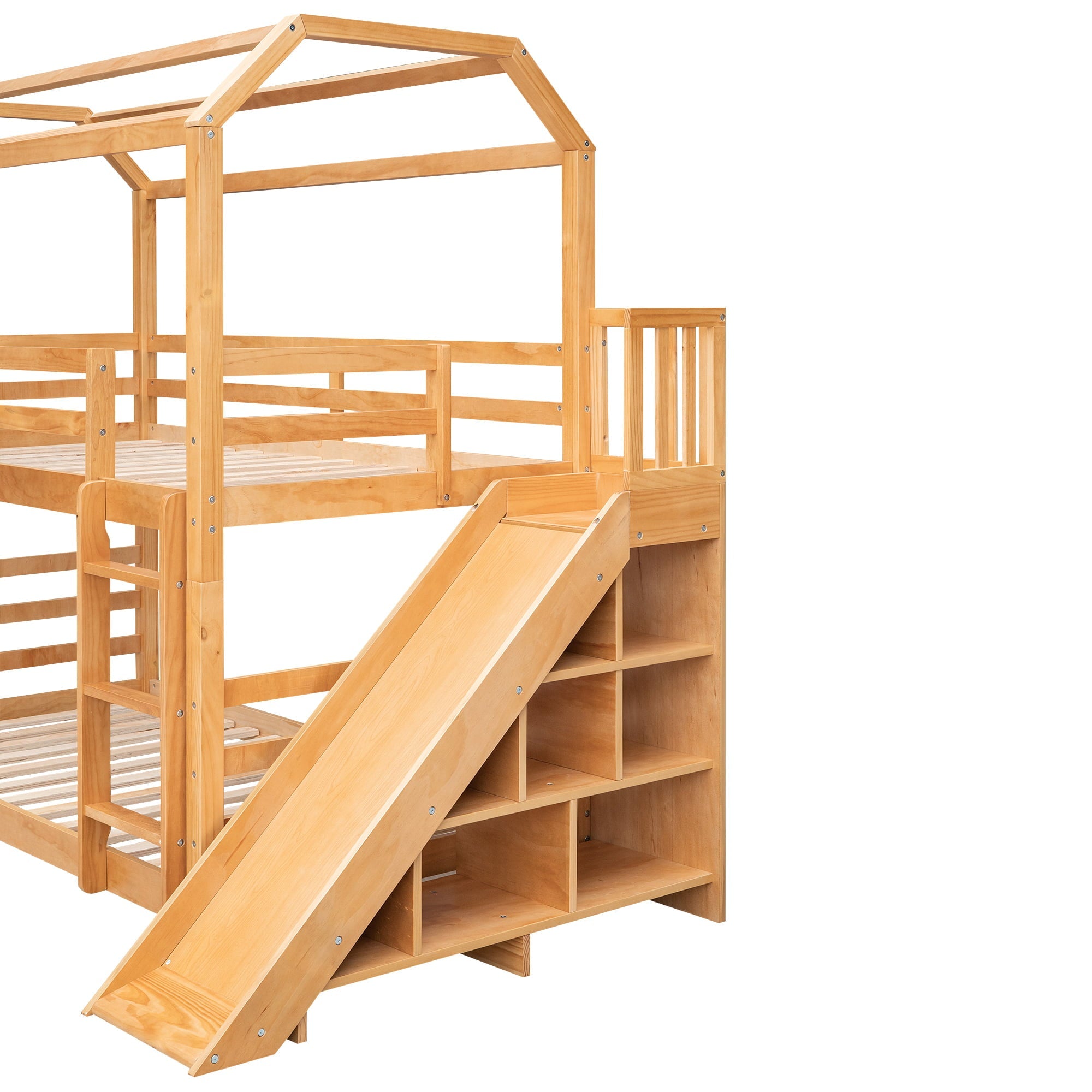 Twin Size House Bunk Bed with Slide and Shelf for Kids Bedroom, Natural