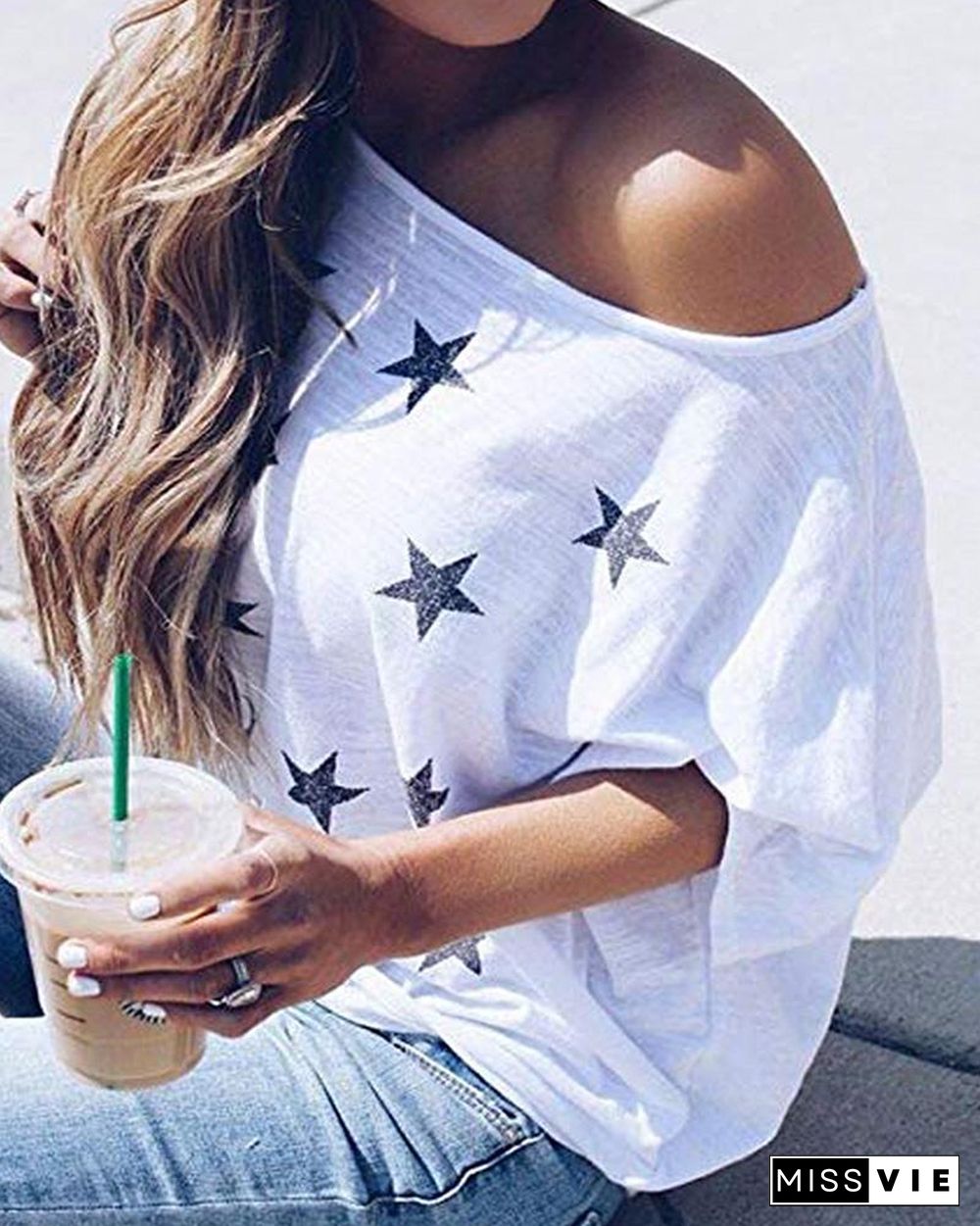 Stars Print Round Neck Casual T-shirt P15483