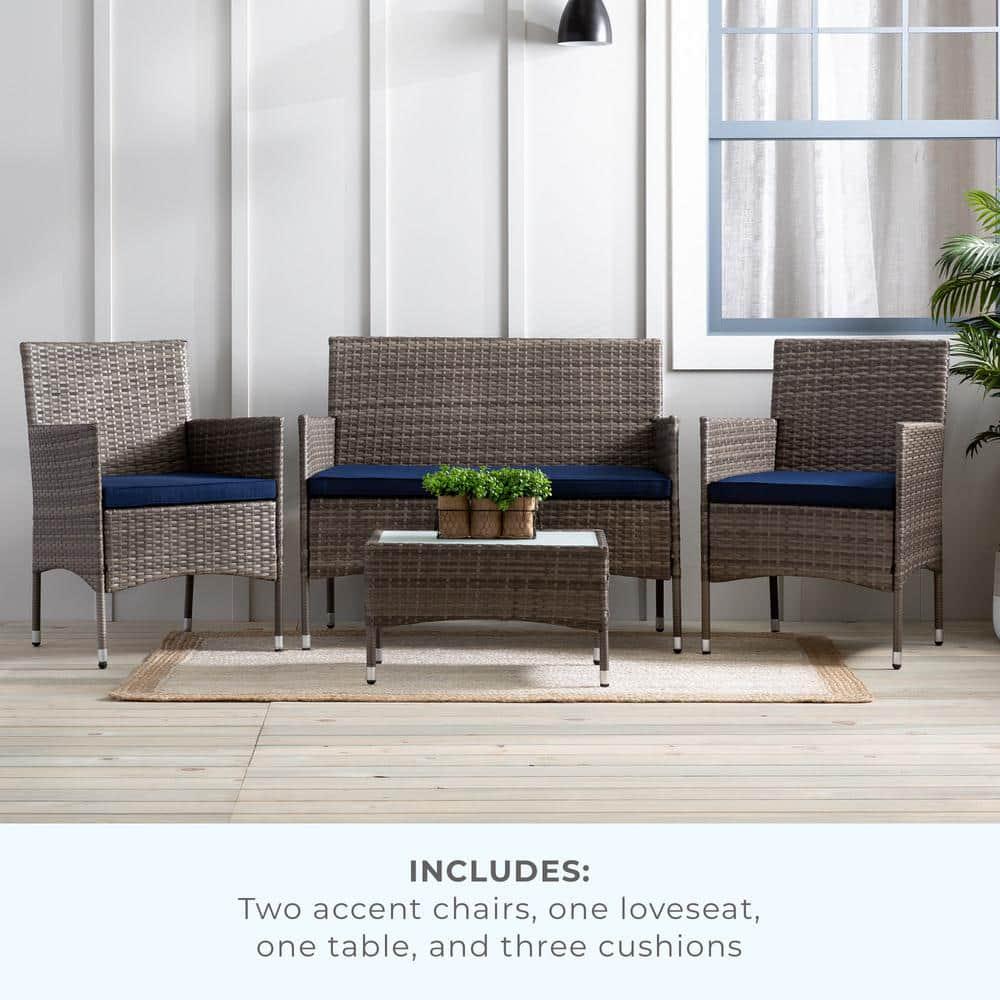 Brookside Iris Gray 4Piece Rattan Outdoor Conversation Seating Set and Patio Table with Navy Cushions