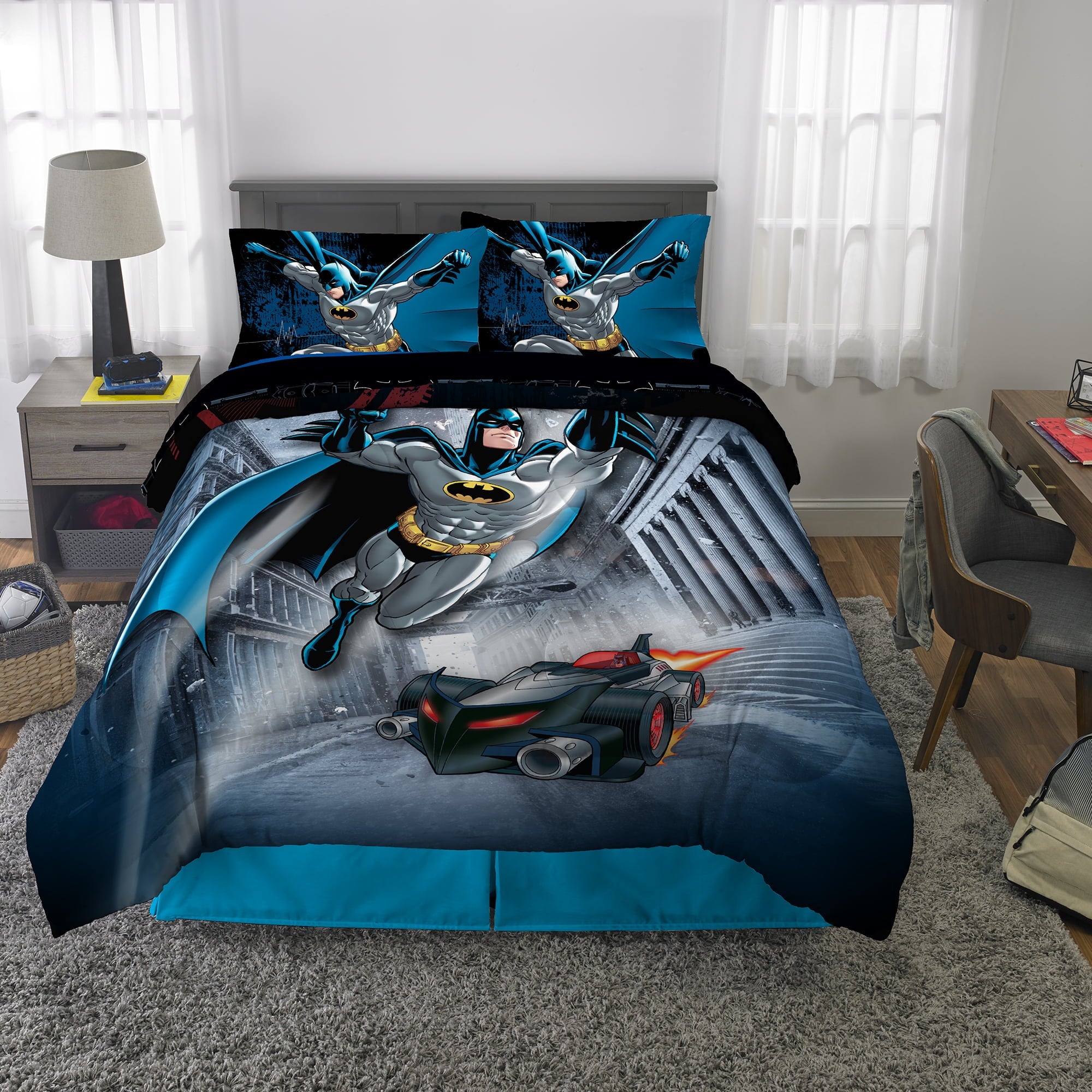 Batman Kids Full Bed in a Bag, Comforter and Sheets, Gray, Warner Bros