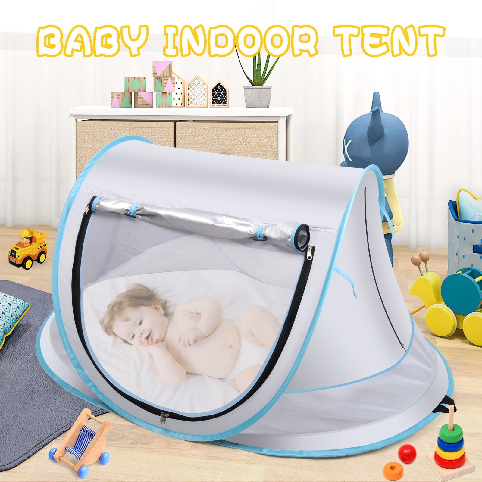 IMMEKEY Baby Beach Tent，Large Pop Up Sun Shade for Beach，Portable Baby Travel Tent with Mosquito Net，UPF 50+ UV Protection Sun Shelters for Infants Gray