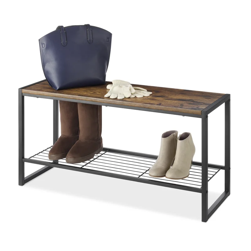 Whitmor Modern Industrial Entryway Bench w/Shoe Storage， Brown