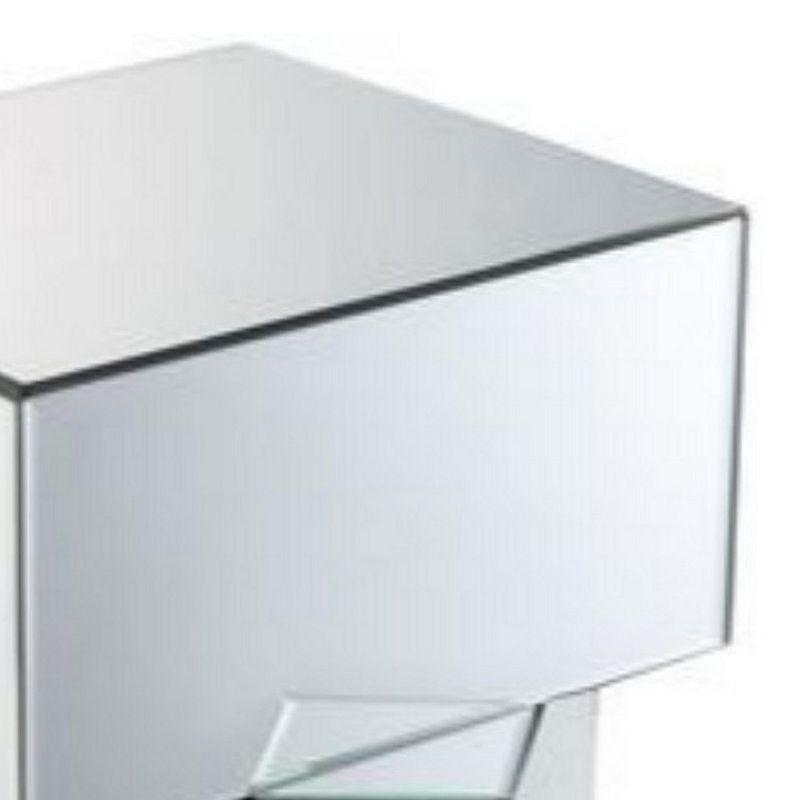 Mirror and Glass End Table with Unique Geometrical Base Design， Silver