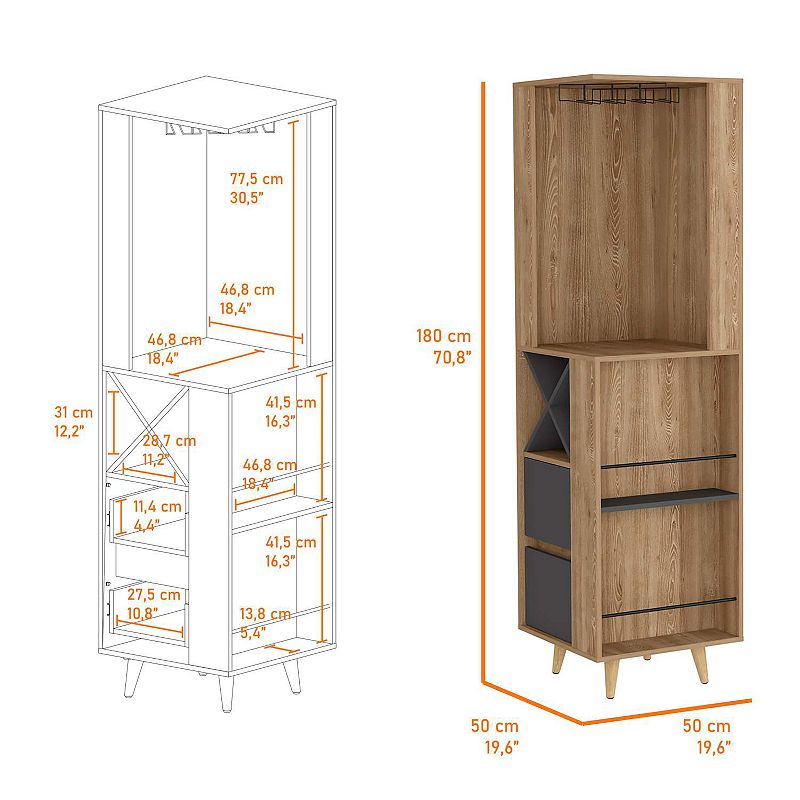 Ziton Corner Bar Cabinet， Two External Shelves， Two Drawers， Four Wine Compartments