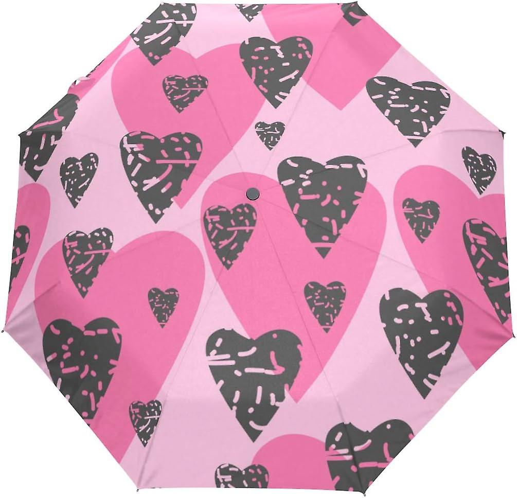 Travel Umbrella Automatic Windproof Foldable Umbrella Hearts Pink And Gray