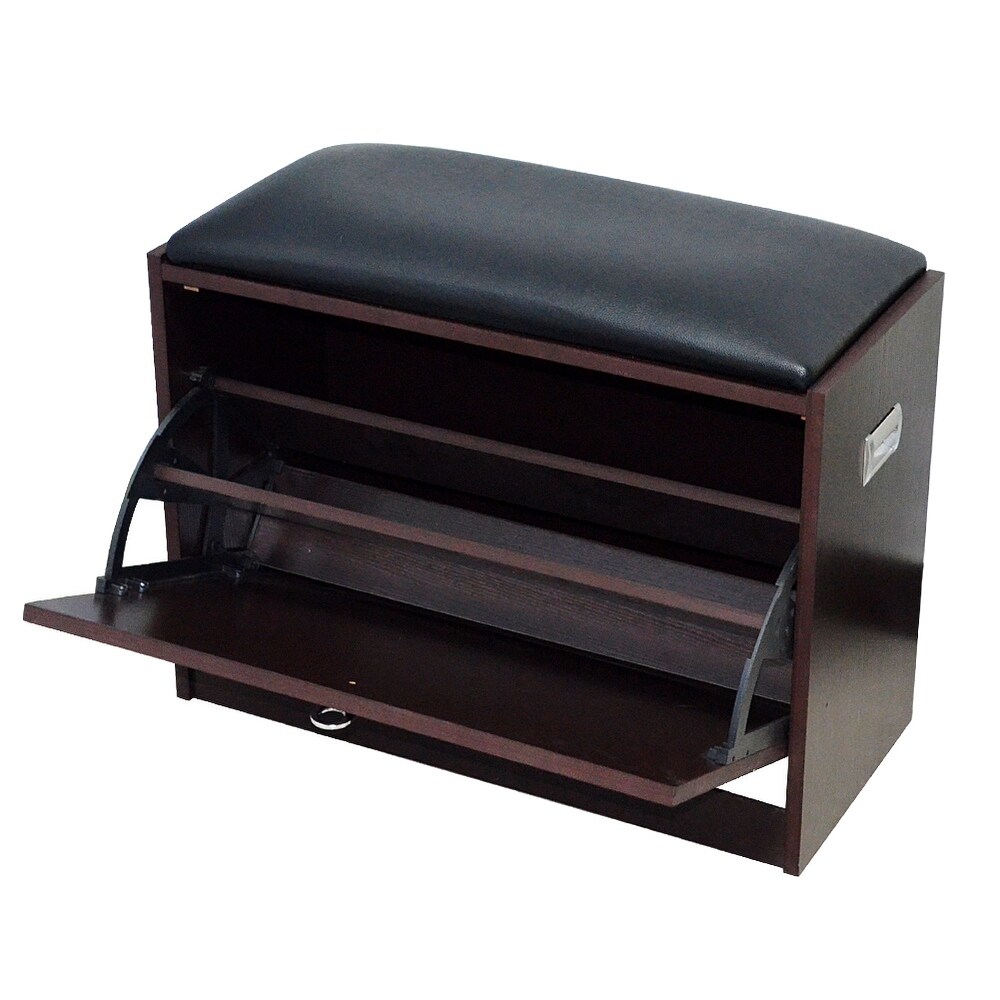 Wood Shoe Storage Cabinet Bench with PU Leather Cushion  Brown Finish