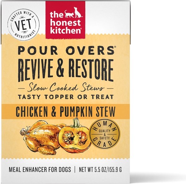 The Honest Kitchen Functional POUR OVERS Revive and Restore Chicken and Pumpkin Stew Dog Food Topper， 5.5-oz can， case of 12