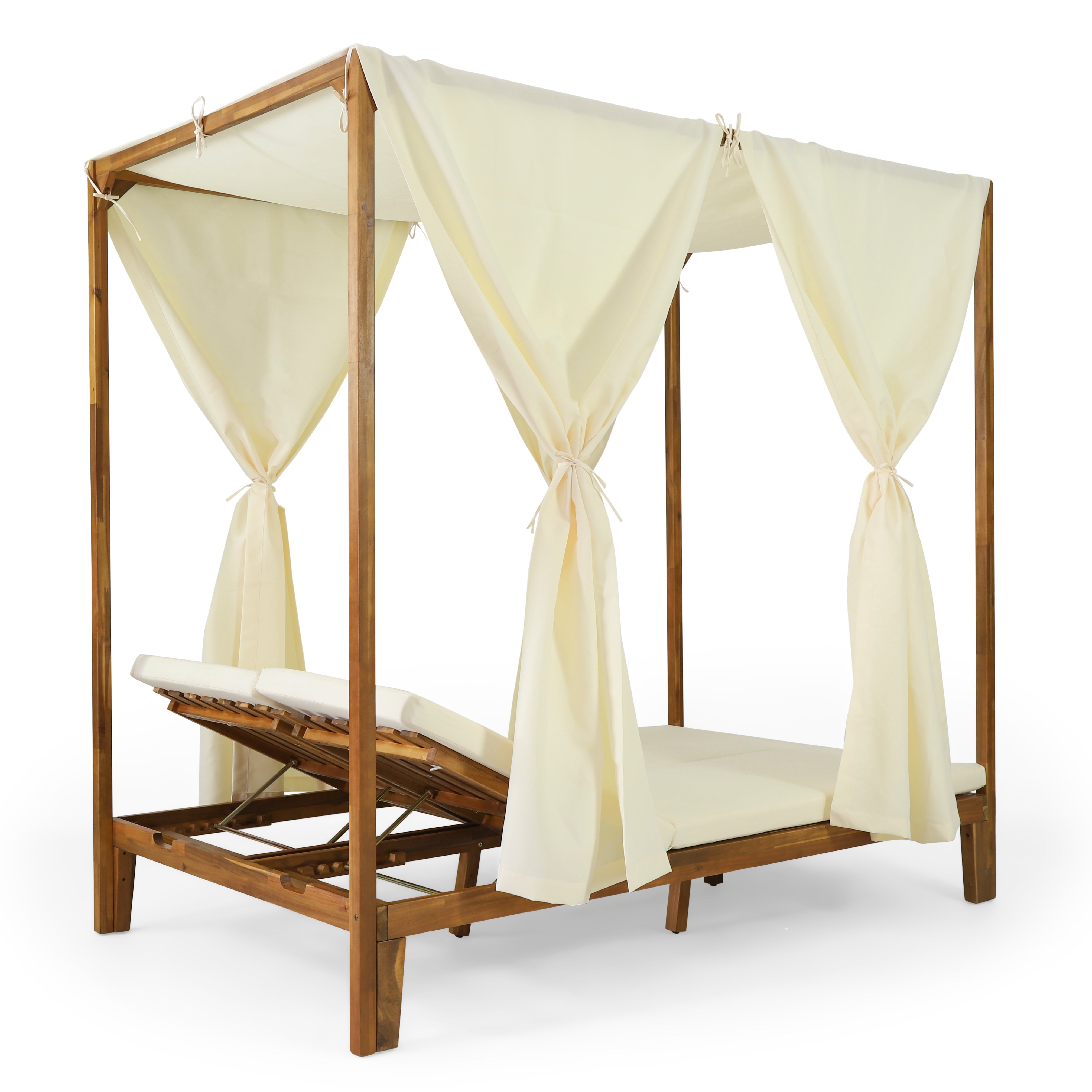 Leaverton Outdoor 2 Seater Adjustable Acacia Wood Daybed with Curtains