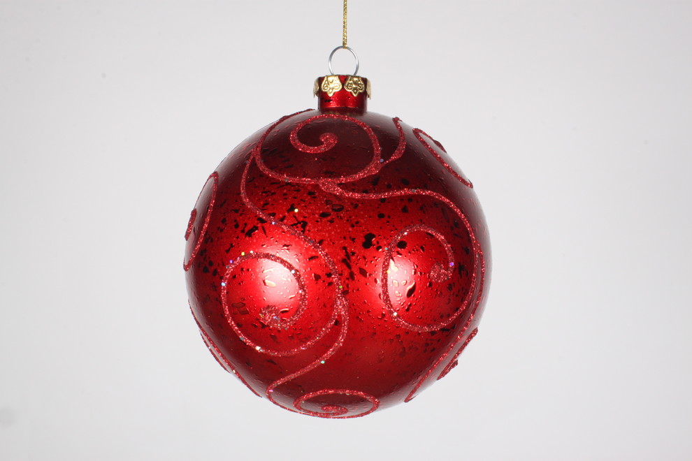 120Mm Red Ornament Ball With Red Glitter Design   Contemporary   Christmas Ornaments   by Queens of Christmas  Houzz