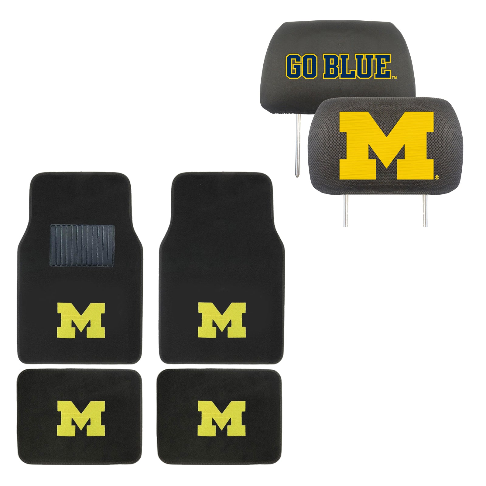 Carpet Floor Mats Bundle with Head Rests for Michigan Fans Officially Licensed(6 items)