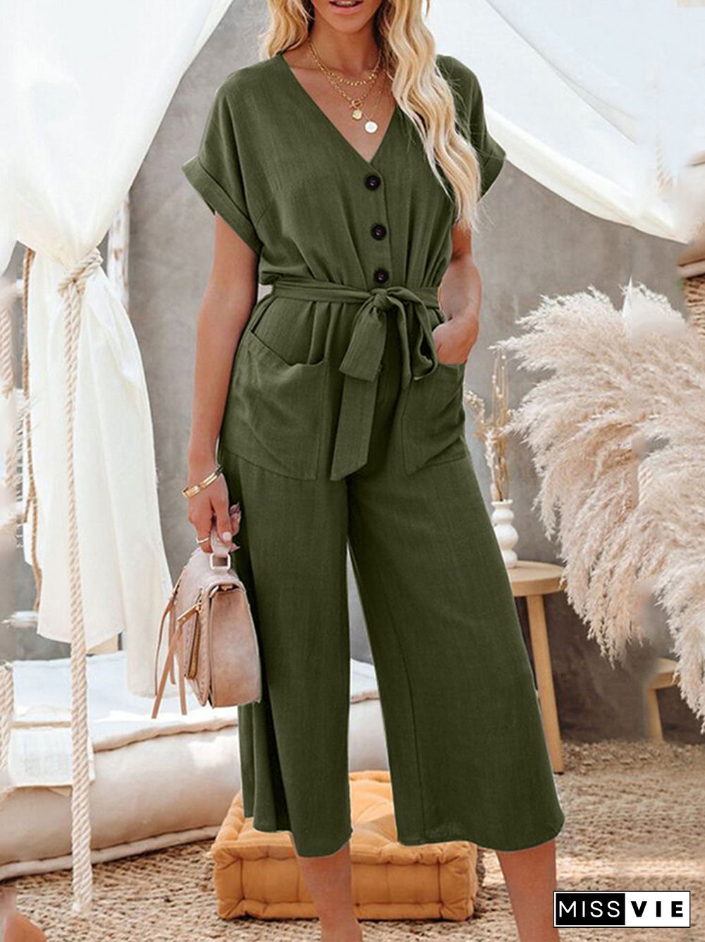 Solid Button Belt V-neck Pocket Short Sleeve Jumpsuit