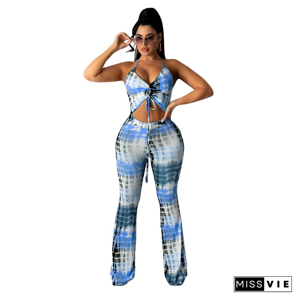 Fashion Women Tie Dye Print Tie Up Halter Camisole Crop Top Fitness Pants Streetwear Two Piece Set