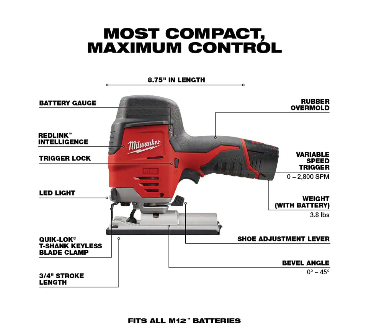 Milwaukee 2445-20-2457-20-48-11-2460 M12 12V Lithium-Ion Cordless Jig Saw with M12 3/8 in. Ratchet and 6.0 Ah XC Battery Pack