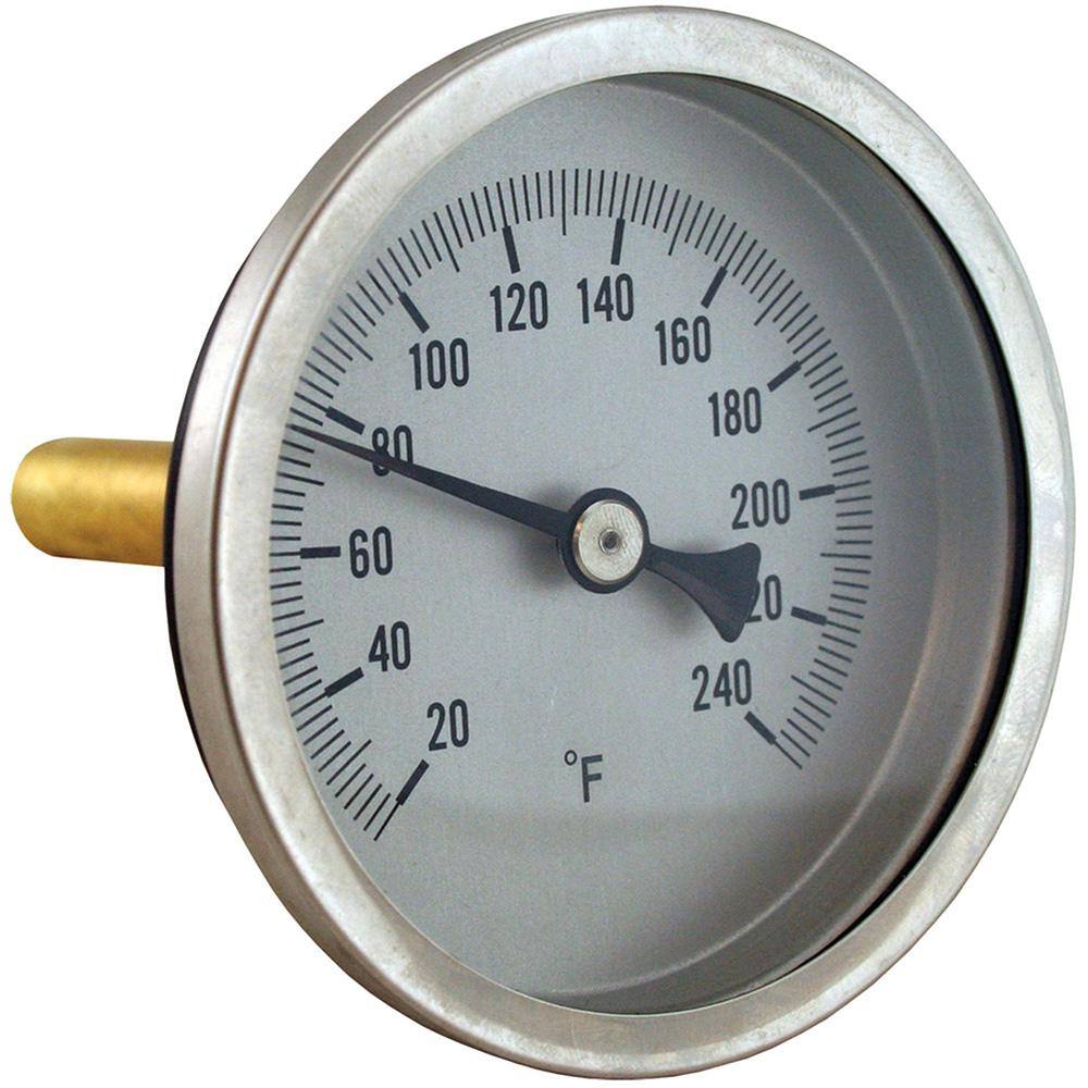 JONES STEPHENS Bi-Metal Dial Thermometer Angle Outlet with Brass Well with 1-18 in. Stem and 12 in. NPT (20 to 240F) J40561