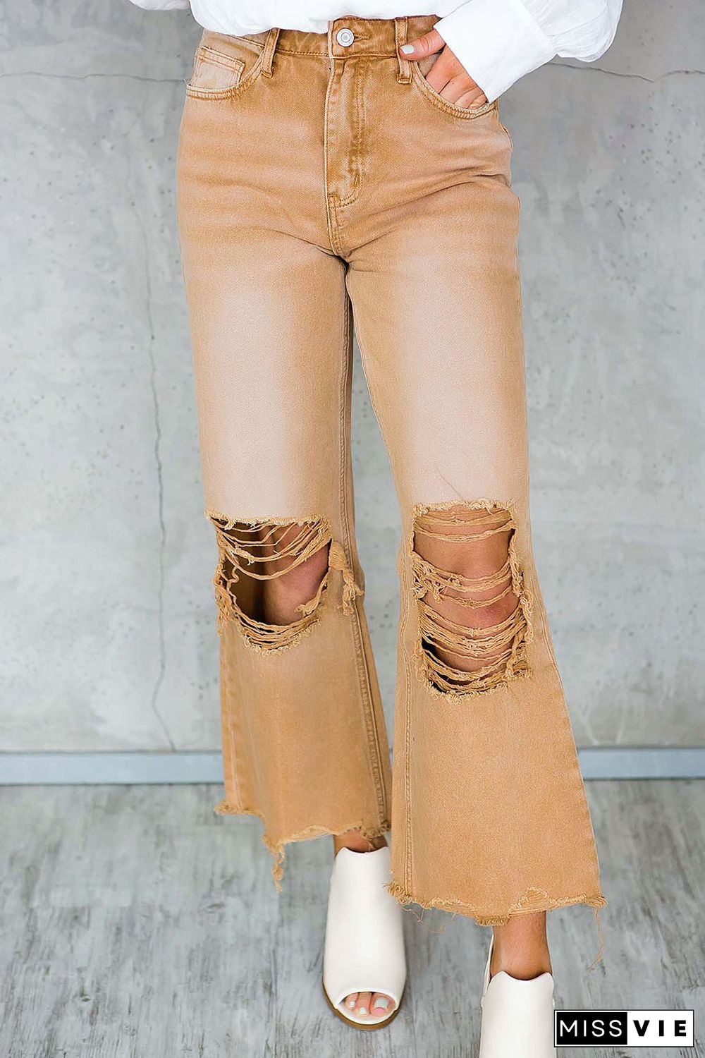 Distressed Hollow-out High Waist Cropped Flare Jeans