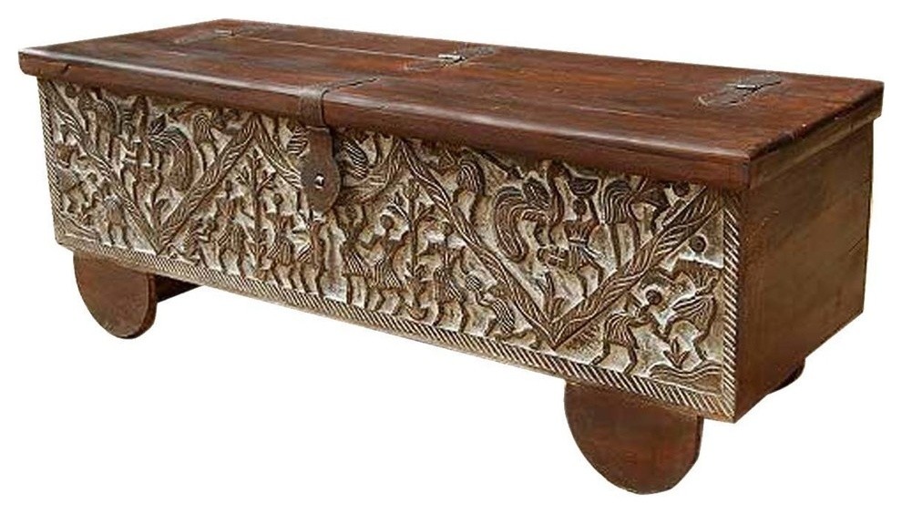 Masterpiece Hand Carved Mango Wood Storage Trunk Coffee Table   Farmhouse   Coffee Tables   by Sierra Living Concepts Inc  Houzz