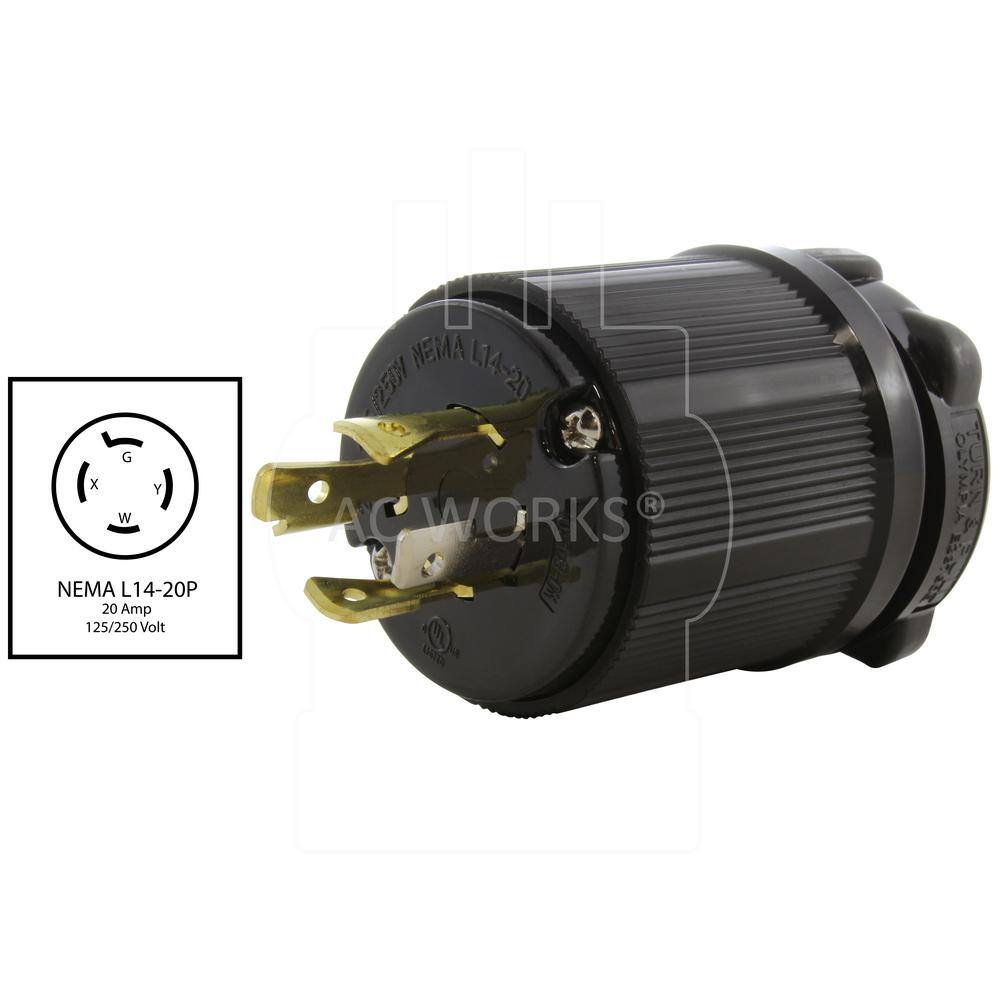 AC WORKS NEMA 20 Amp 125250-Volt 4-Prong Locking Male Plug With UL C-UL Approval ASL1420P-BK