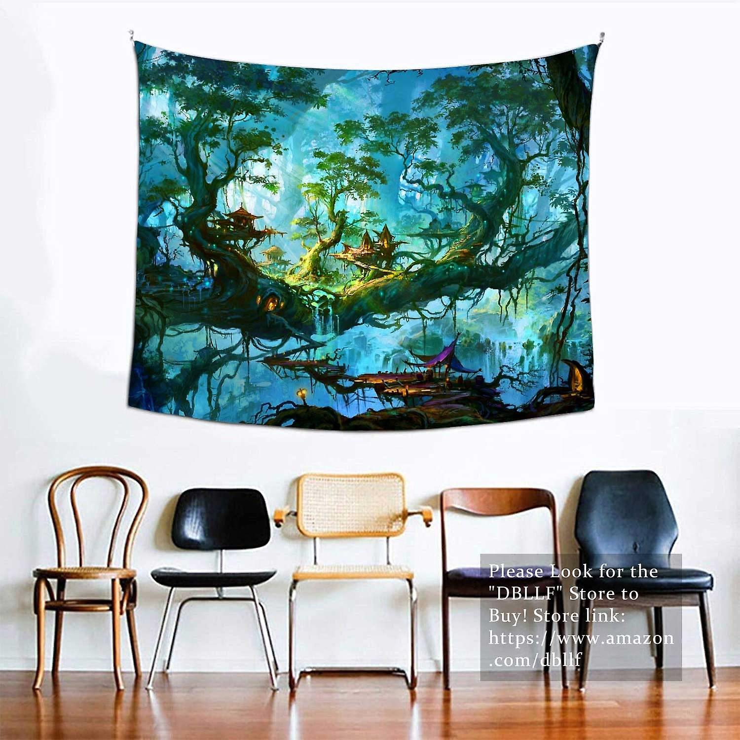 Fantasy Fairy Forest Tapestry Elven Kingdom Elf Tree House Wonderland Backdrop Tapestries Fairy Tale World Wall Tapestry Nature Magic Tree Tapestry， K