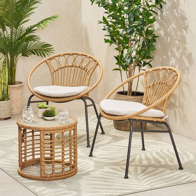 Specter 3pc Patio Wicker Chat Set Modern Boho Design Faux Rattan Water resistant Cushions Tempered Glass Table Christopher Knight Home