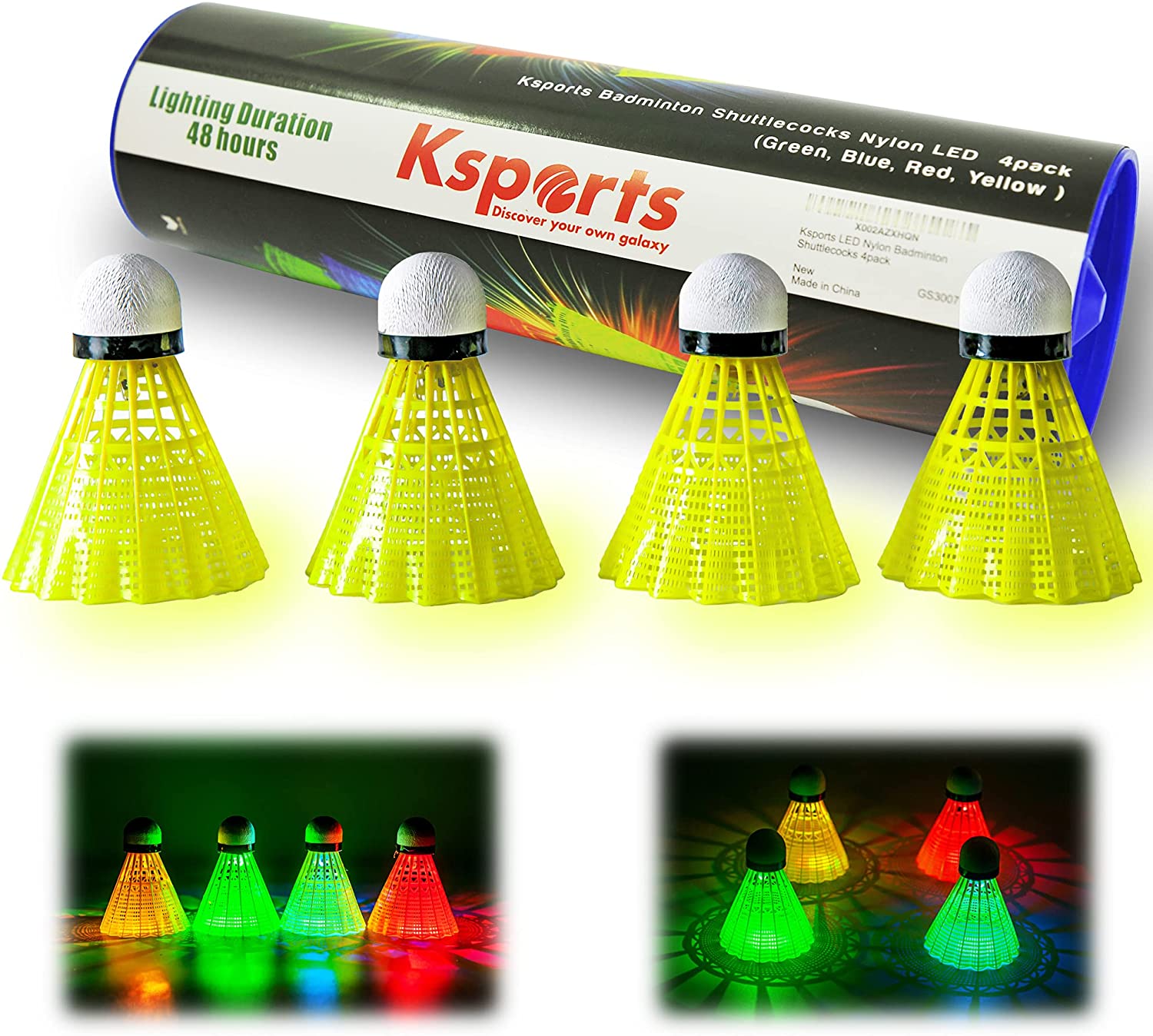 Ksports LED Badminton Shuttlecocks Nylon 4 Pack Tube − Glow in The Dark Birdies