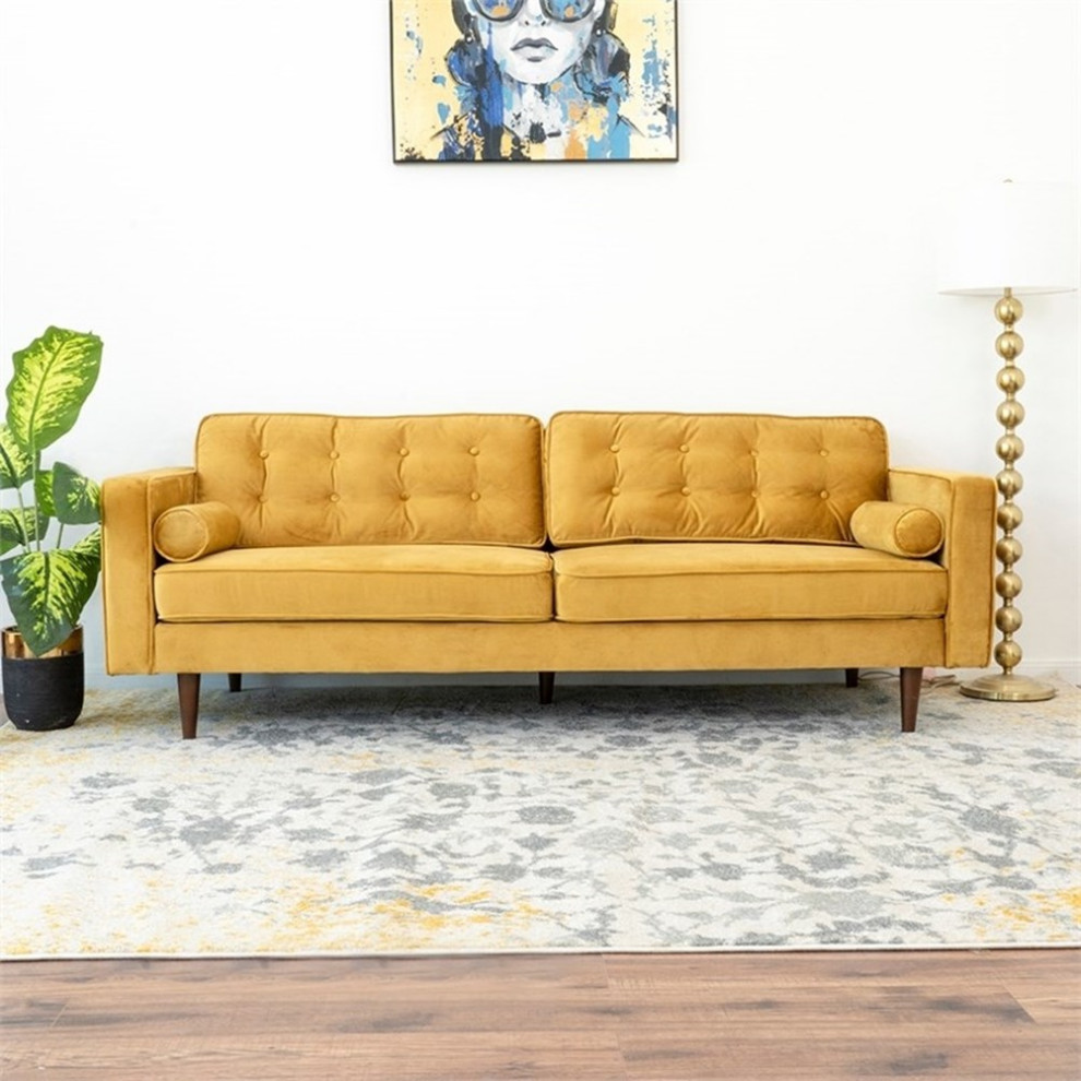 Pemberly Row Mid Century Tufted Back Upholstered Velvet Sofa in Dark Blue   Midcentury   Sofas   by Homesquare  Houzz