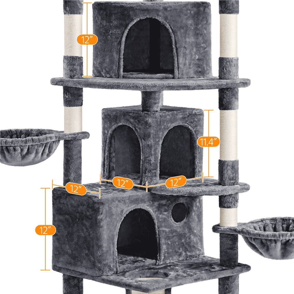 Easyfashion 76.5inch Large Cat Tree Tower with 3 Condos， Dark Gray