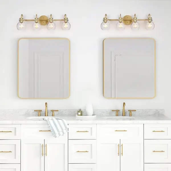 Bela Mid-century Modern Glam Gold 4-Light Bathroom Vanity Lights Globe Glass Wall Sconces Dimmable