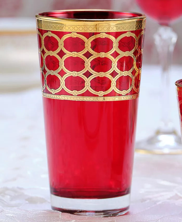 Lorren Home Trends Deep Red Colored High Ball with Gold-Tone Rings Set of 4