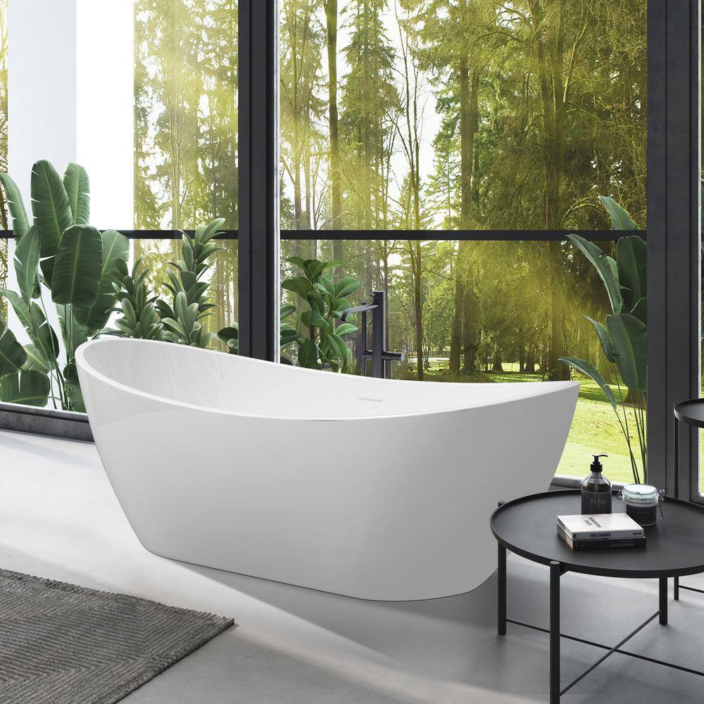 Mokleba 62 in. Double Slipper Acrylic Freestanding Flatbottom Bathtub with Polished Chrome Drain Soaking Tub in White BTMKEB1067262