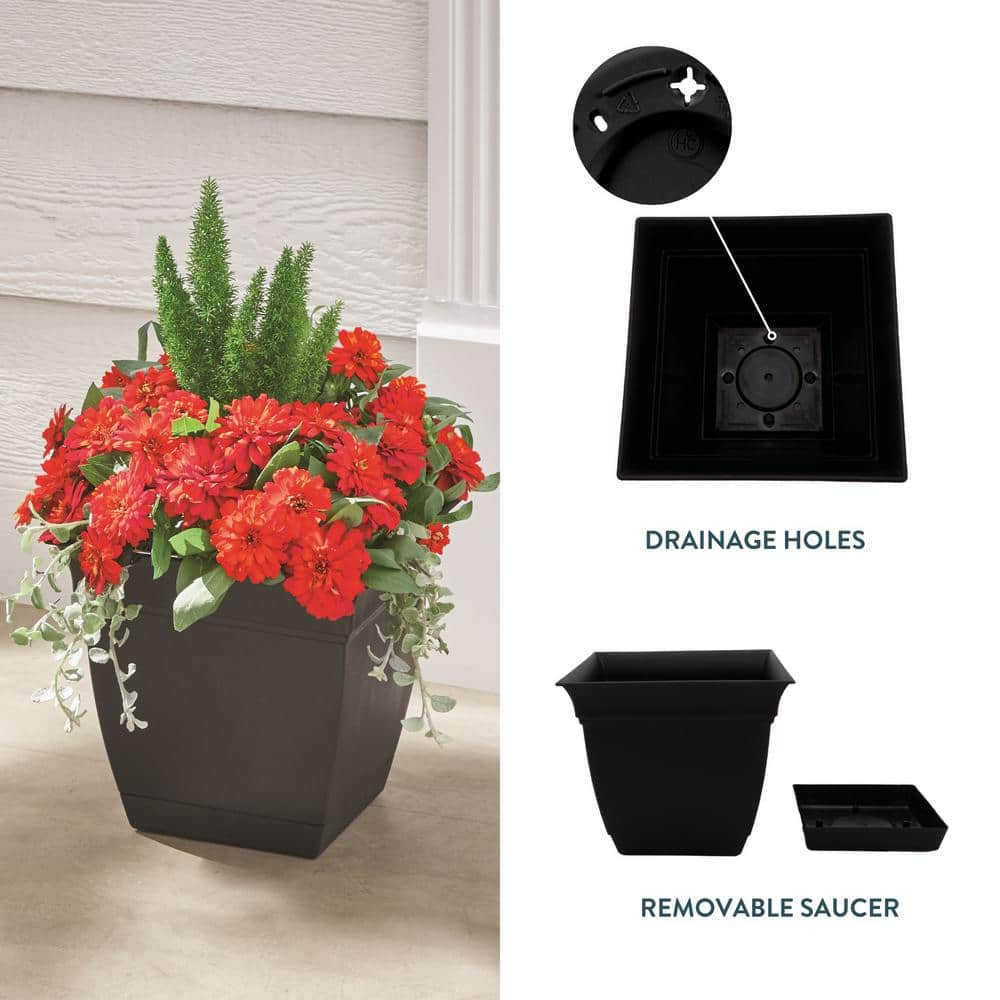 Vigoro 10 in. Mirabelle Medium Black Plastic Square Planter (10 in. D x 9 in. H) with Drainage Hole and Attached Saucer ECP10005G18